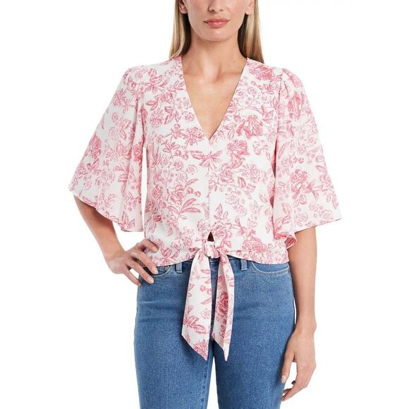 1. State White & Pink Floral Print Tie Hem Wide Sleeve Blouse XL Women’s Toile - Picture 1 of 11